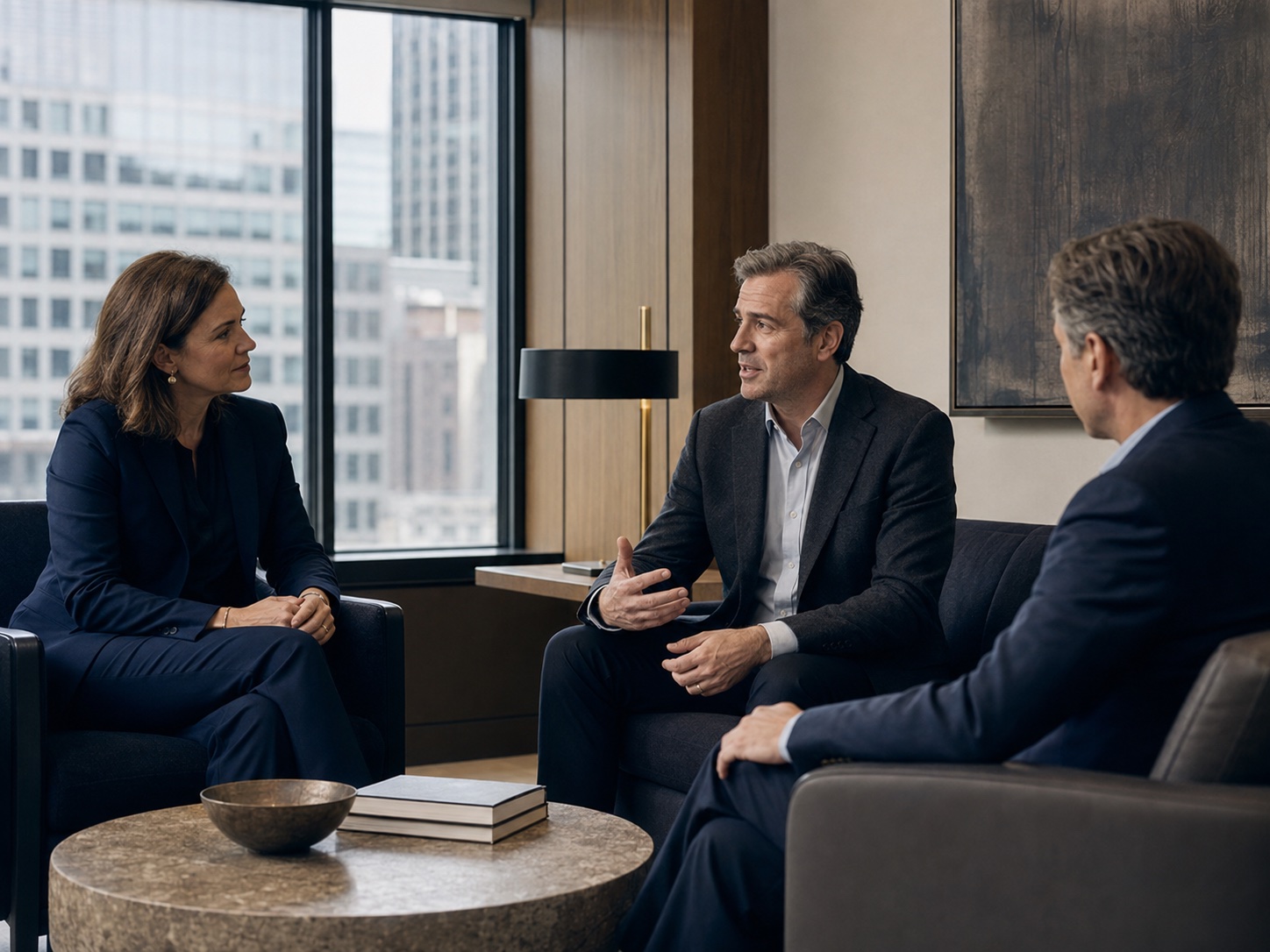 Illustrative professionals in a thoughtful conversation in an institutional office lounge; AI-generated brand image