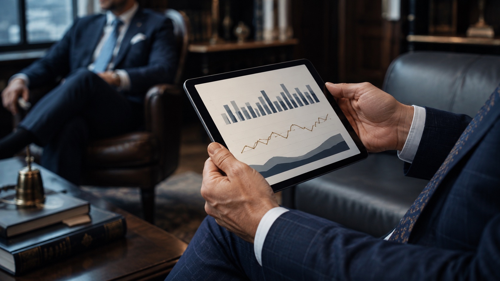 Illustrative financial professionals reviewing information together; AI-generated brand image